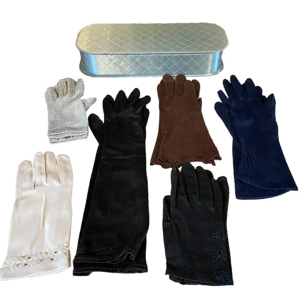 Vintage Lot Of 6 Size S White Navy Black Silver Brown Formal Gloves With Case